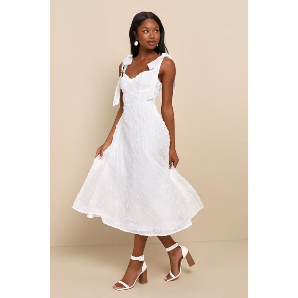 Lulus Glamorous Element Lurex Tie-Strap Bustier Midi Dress Women's L White NWT
